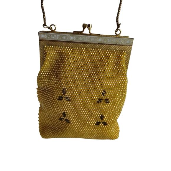 Vintage Yellow & Gold Tone Bubble Beaded Chain Handle Rectangle Evening Hand Bag - Picture 1 of 10